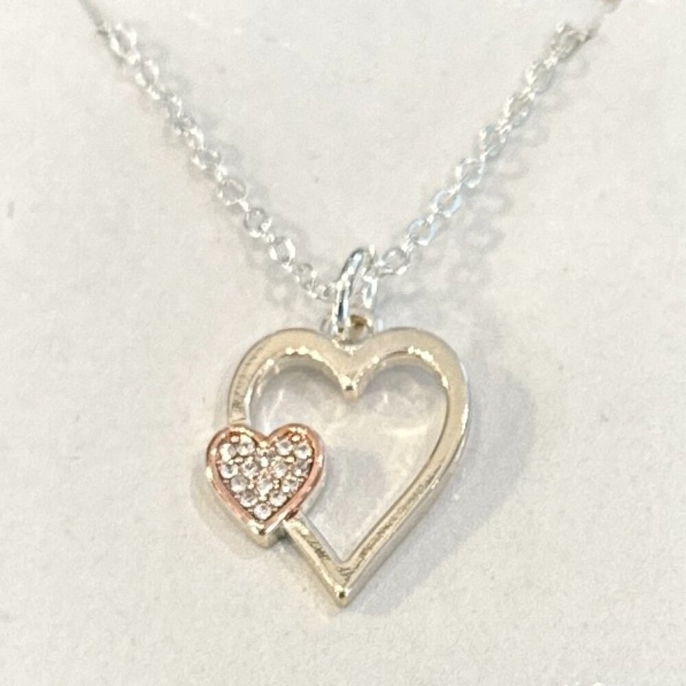 Heart-shaped Necklace Women Double Heart Silver Tone & Rose Tone With Rhinestone
